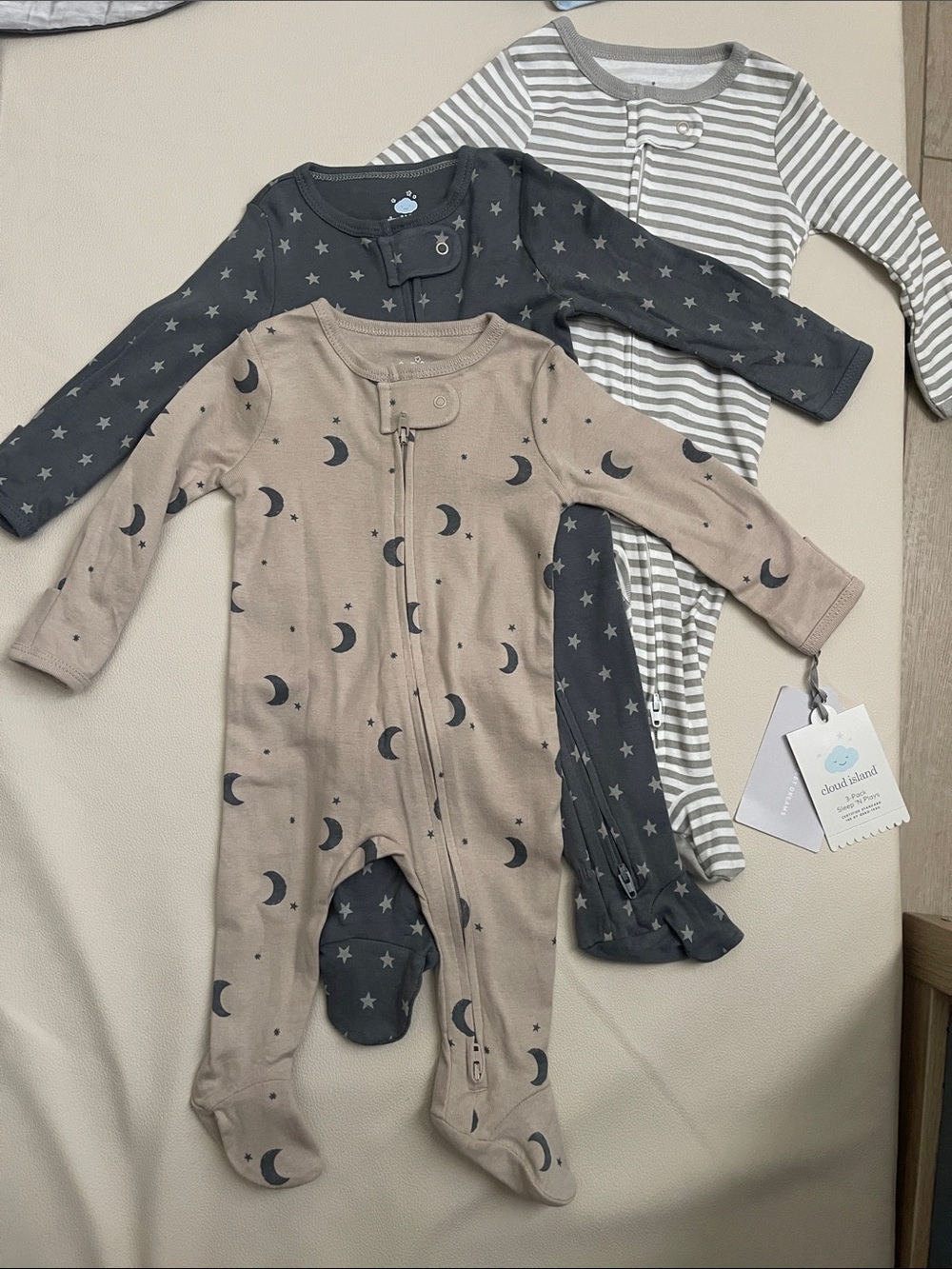 cloud island 3-Pack Footed One-Pieces in Beige, Charcoal, and Gray Stripe